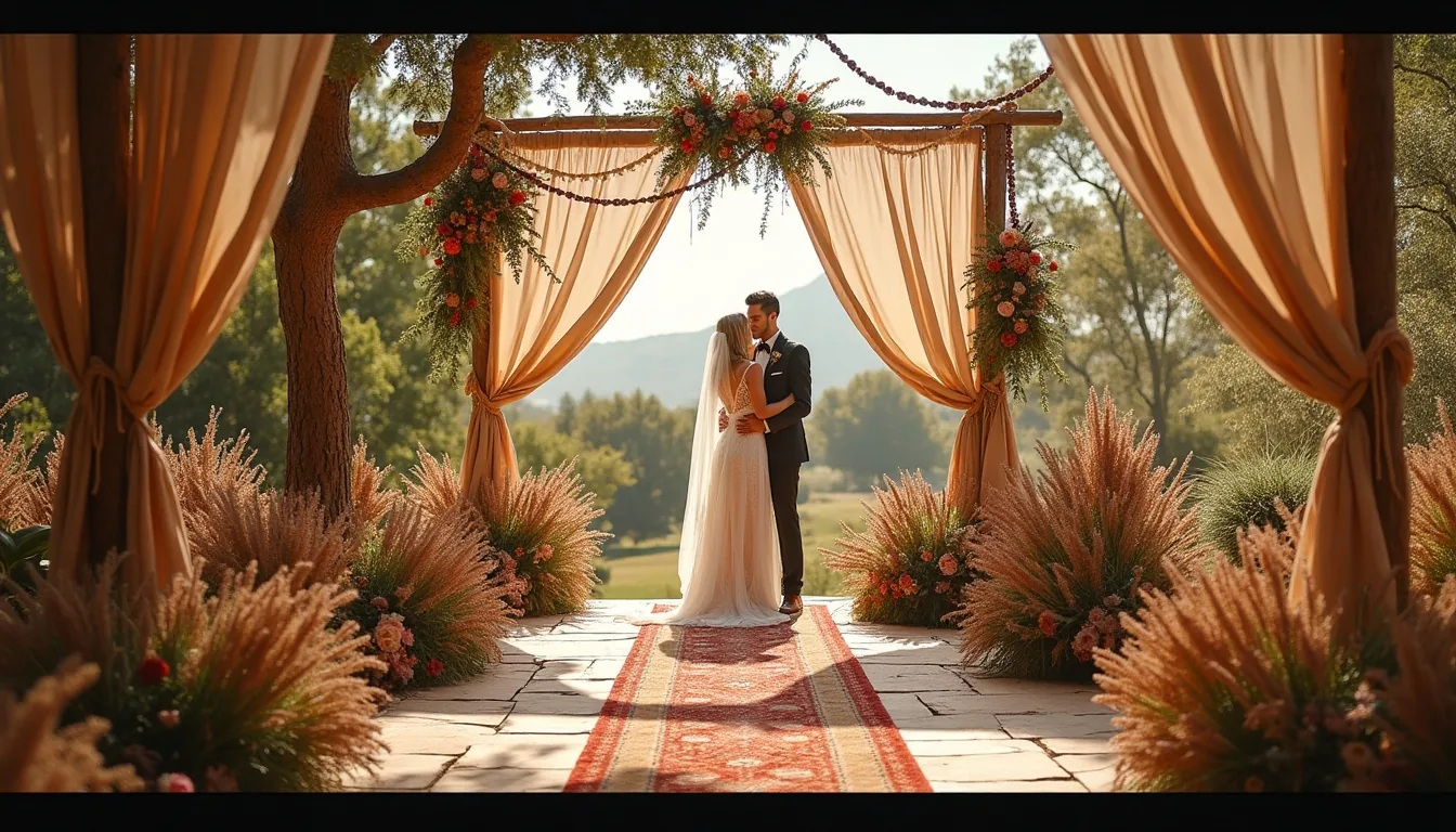 Concepto de boda boho generado con IA: Jardín, macramé y flores sueltas