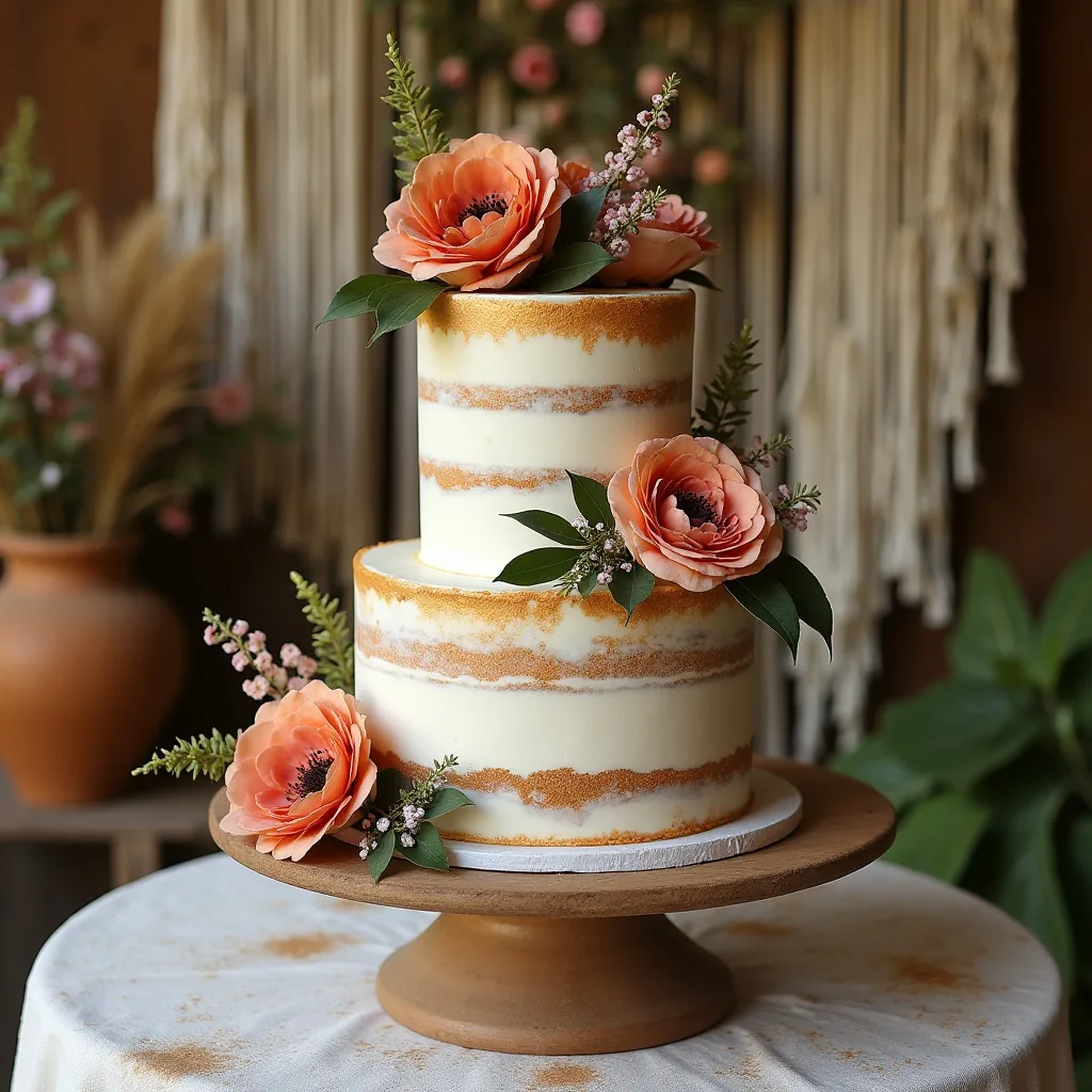 Concepto: La tarta para una boda boho (IA)