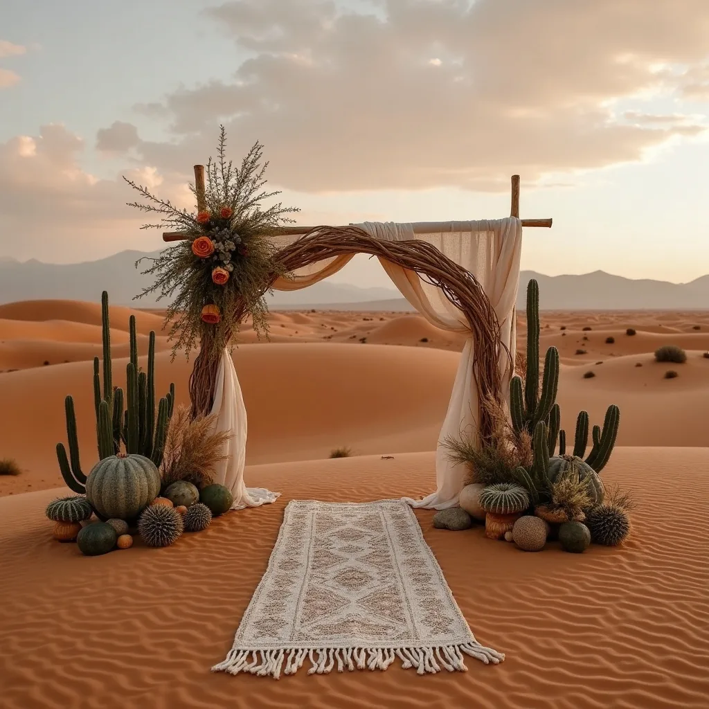 Concepto de Boda en el Desierto: Dunas, atardecer y cielo estrellado