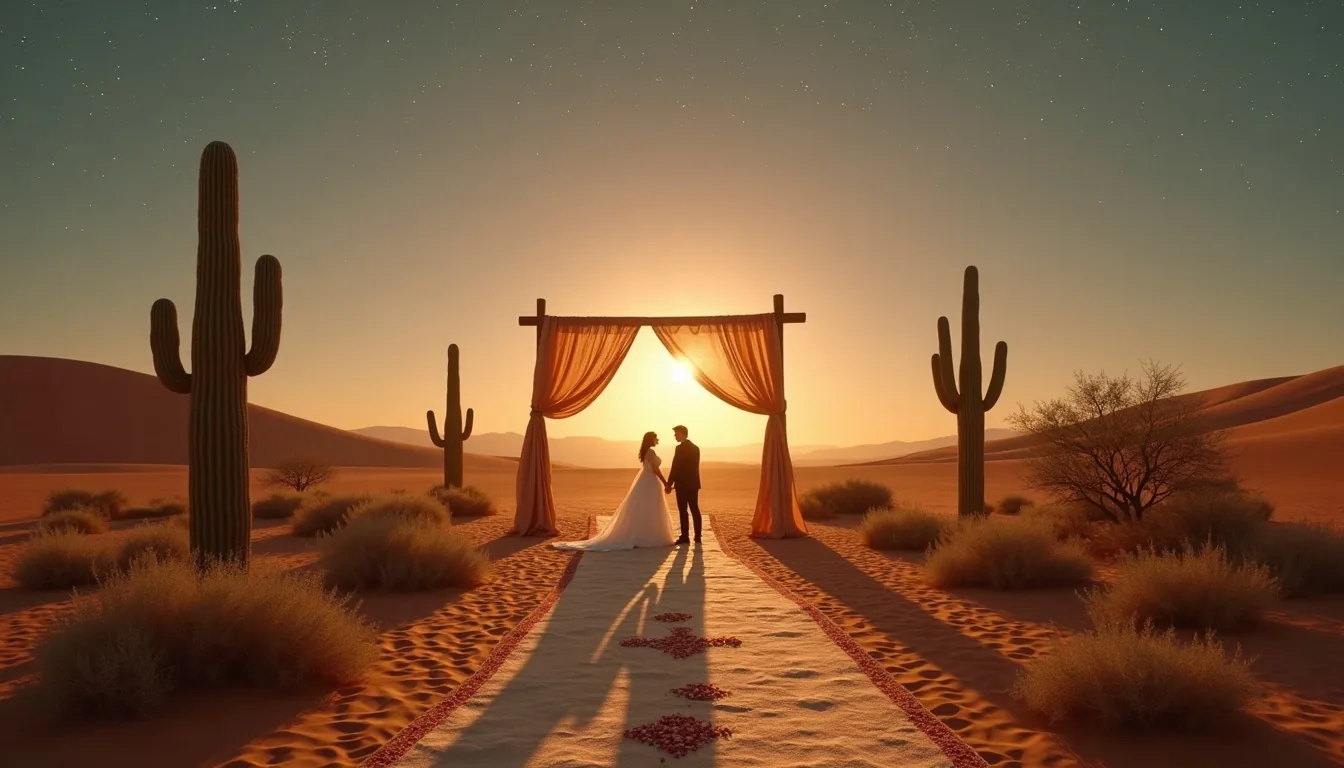 Concepto de boda en el desierto generado con IA: Dunas, atardecer y cielo estrellado