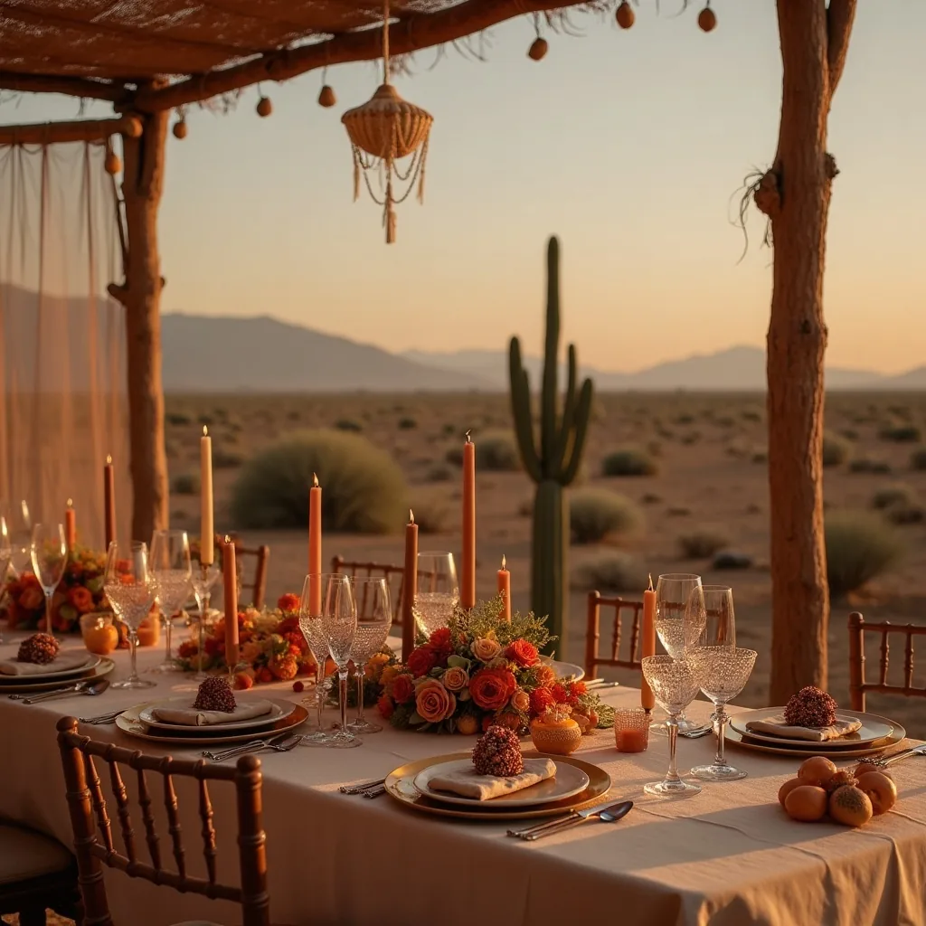 Concepto: La mesa para una boda en el desierto (IA)