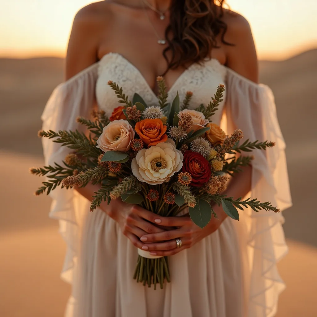 Concepto: El ramo para una boda en el desierto (IA)