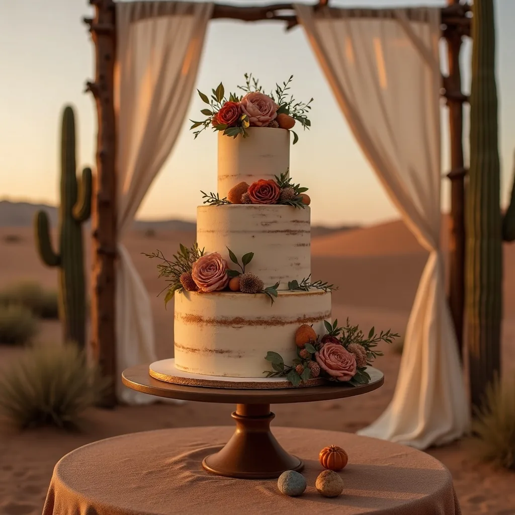 Concepto: La tarta para una boda en el desierto (IA)