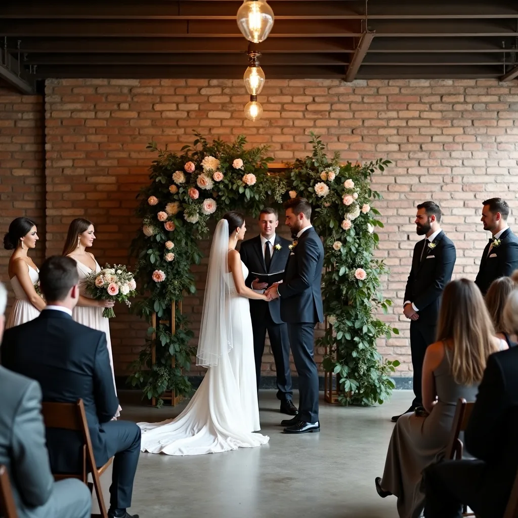 Concepto de Boda Industrial: Ladrillo visto, acero y luz de tungsteno