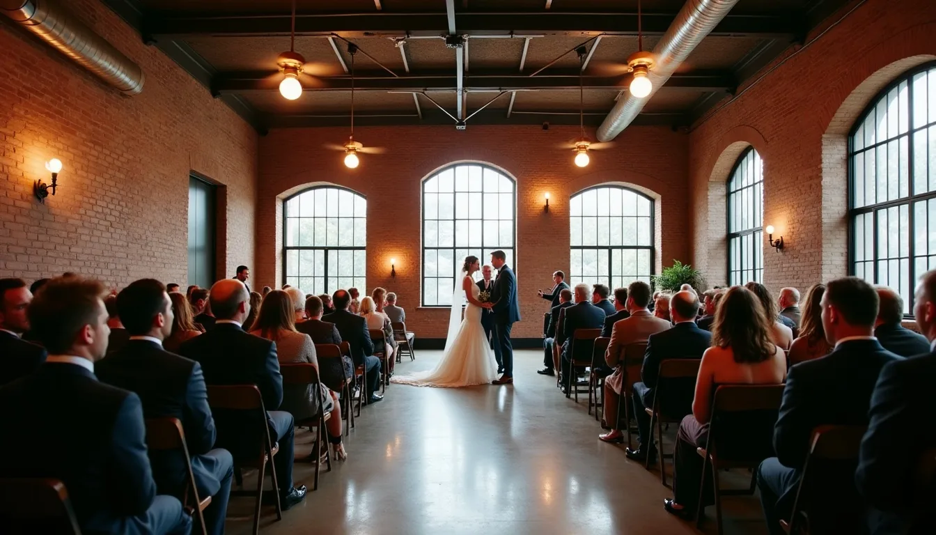 Concepto de boda industrial generado con IA: Ladrillo visto, acero y luz de tungsteno