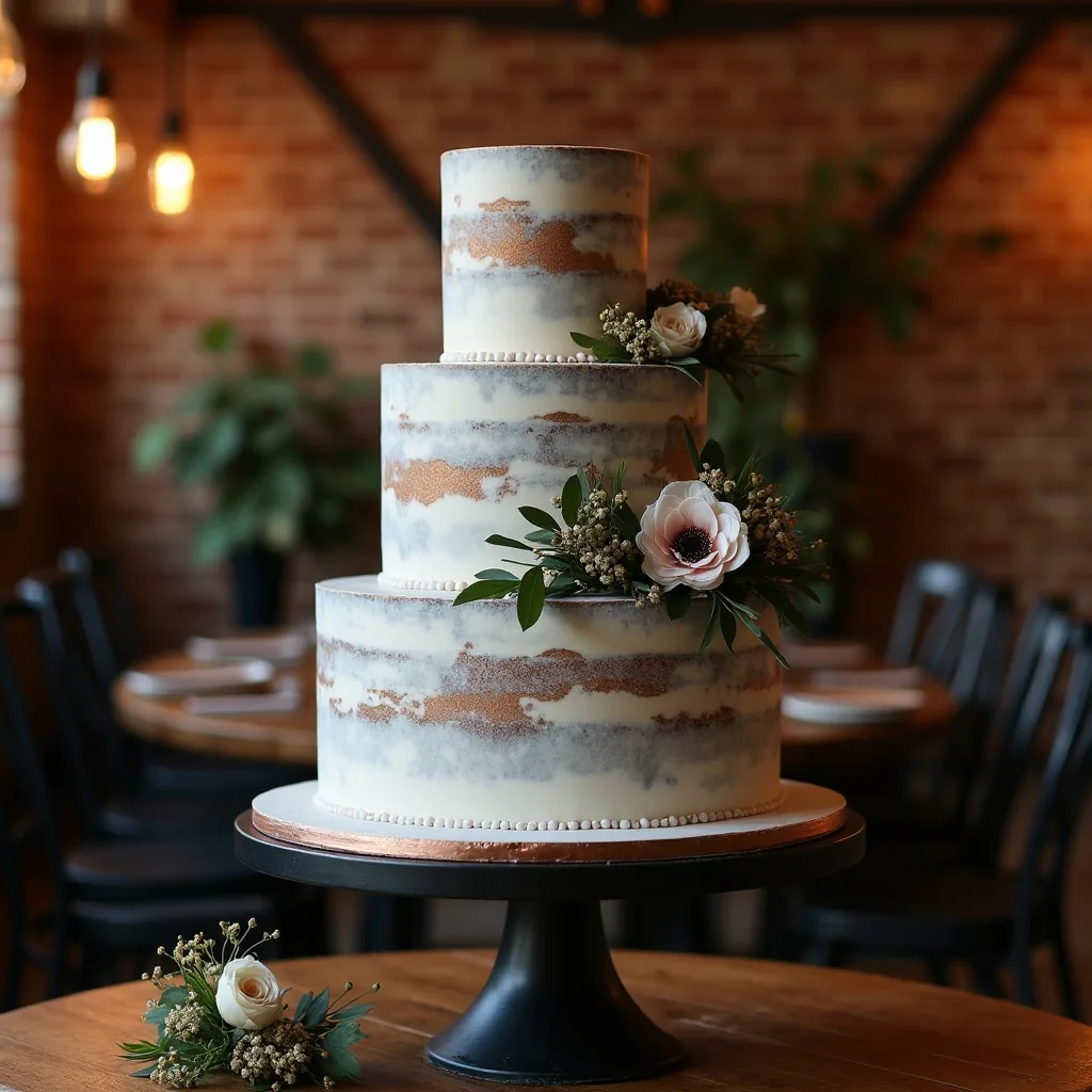 Concepto: La tarta para una boda industrial (IA)