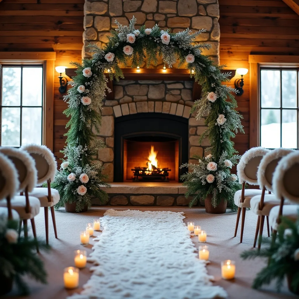 Concepto de Boda de Invierno: Nieve, chimenea y luces cálidas