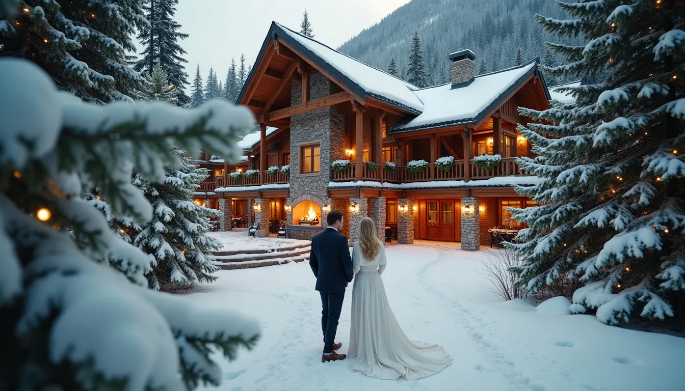 Concepto de boda de invierno generado con IA: Nieve, chimenea y luces cálidas