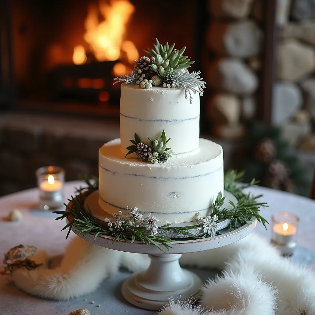 Concepto: La tarta para una boda de invierno (IA)