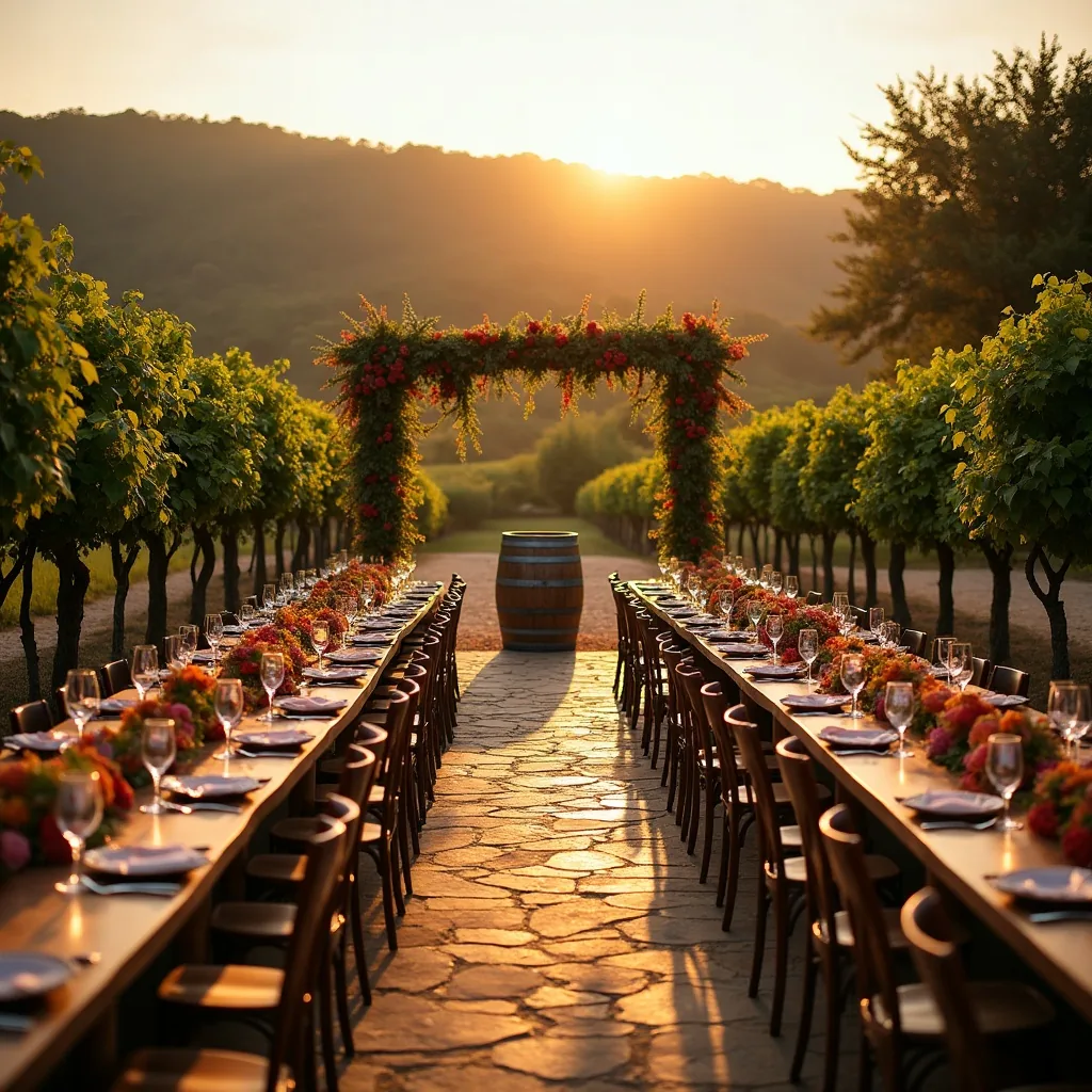Concepto de Boda en Viñedo: Verde botella, vino tinto y atardeceres