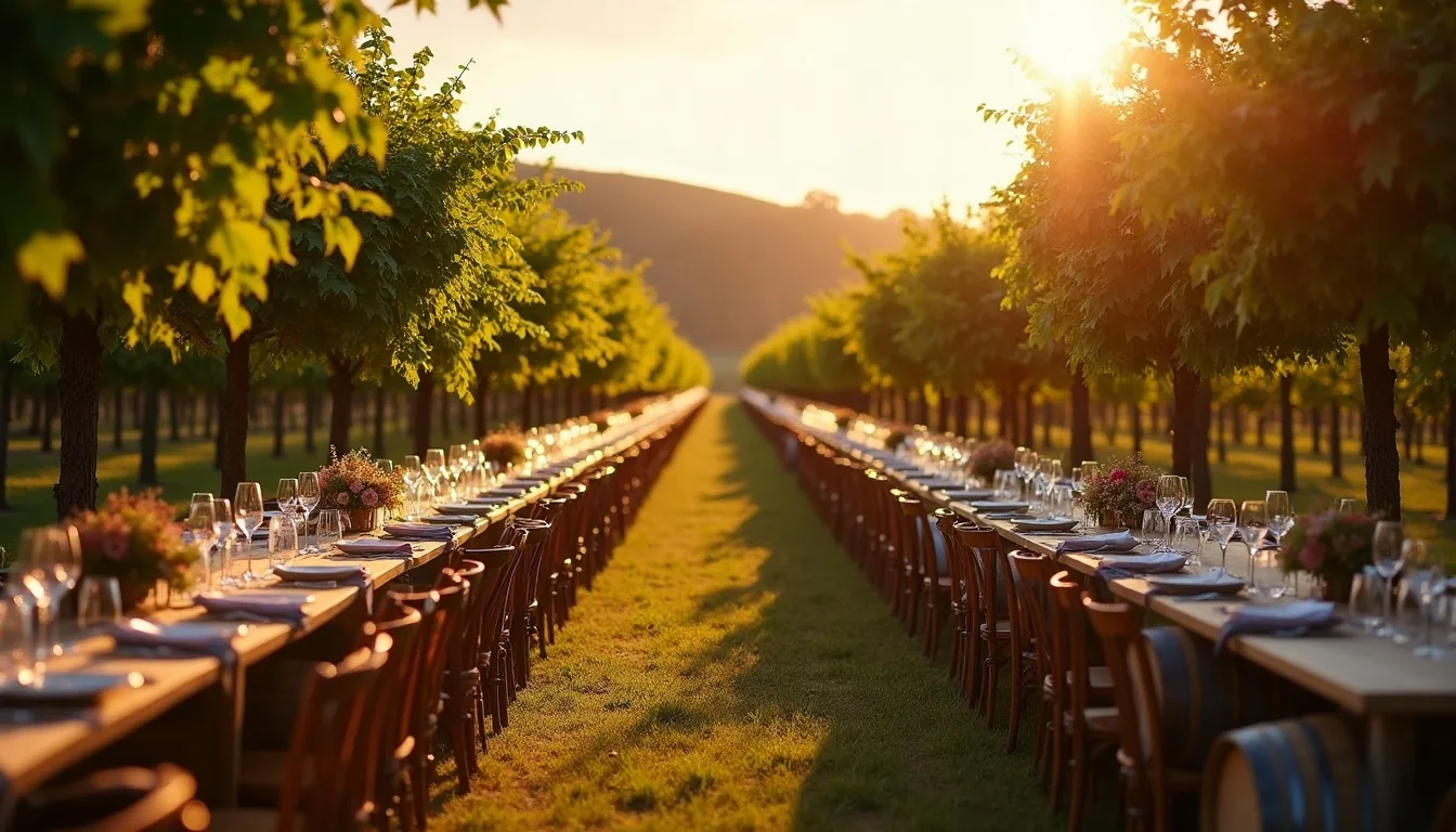 Concepto de boda en viñedo generado con IA: Verde botella, vino tinto y atardeceres