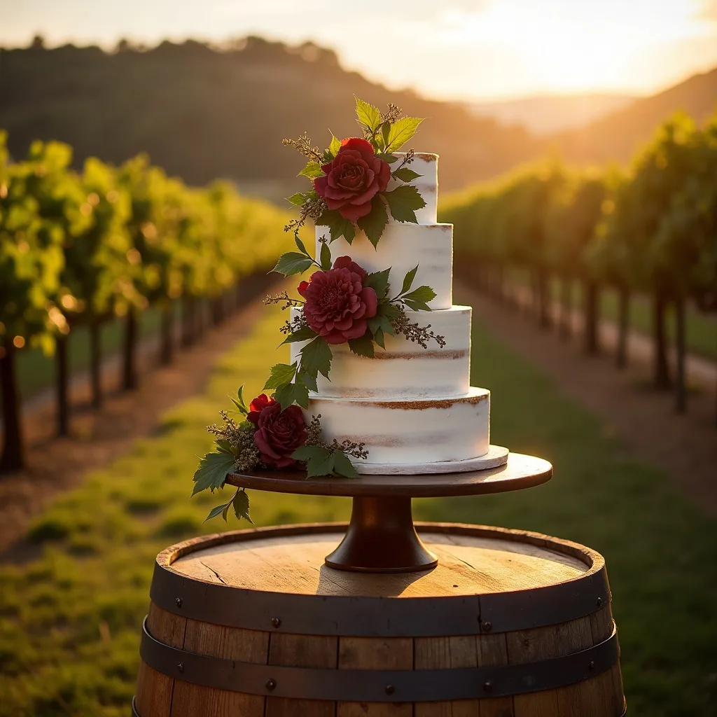 Concepto: La tarta para una boda en viñedo (IA)