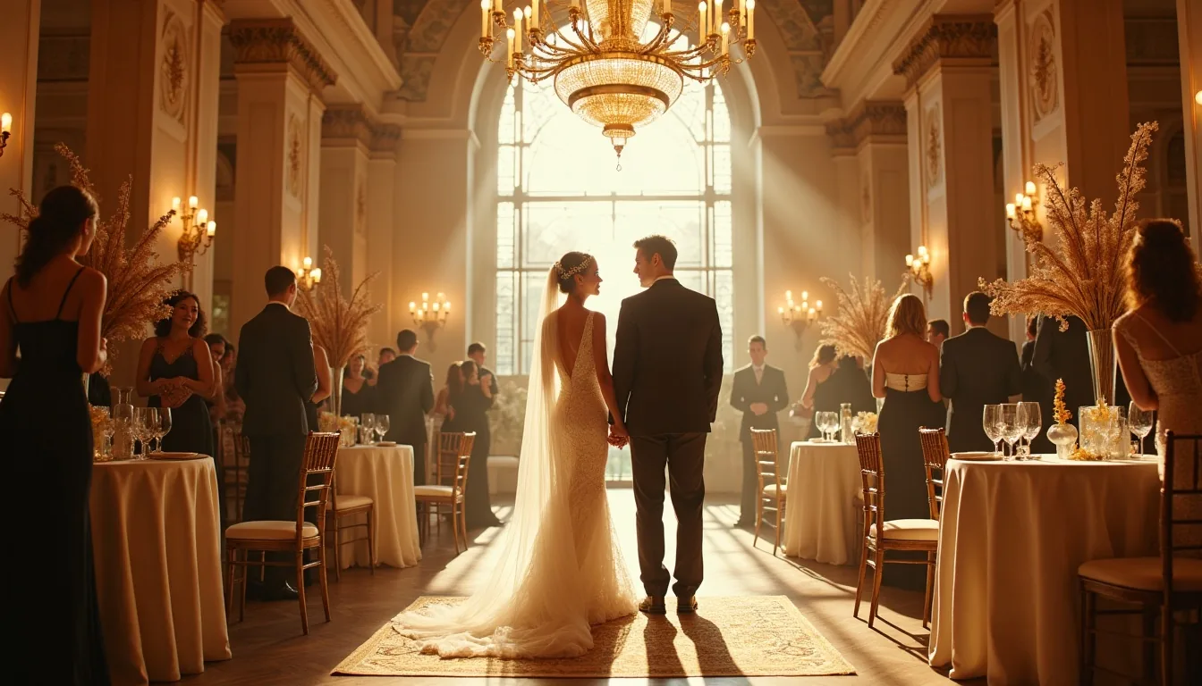 Concepto de boda vintage años 20 generado con IA: Art déco, plumas y champán
